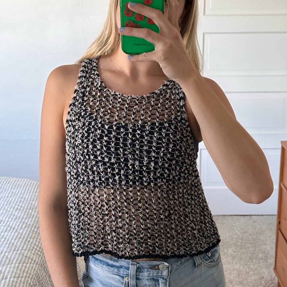 Navy and white crochet tank